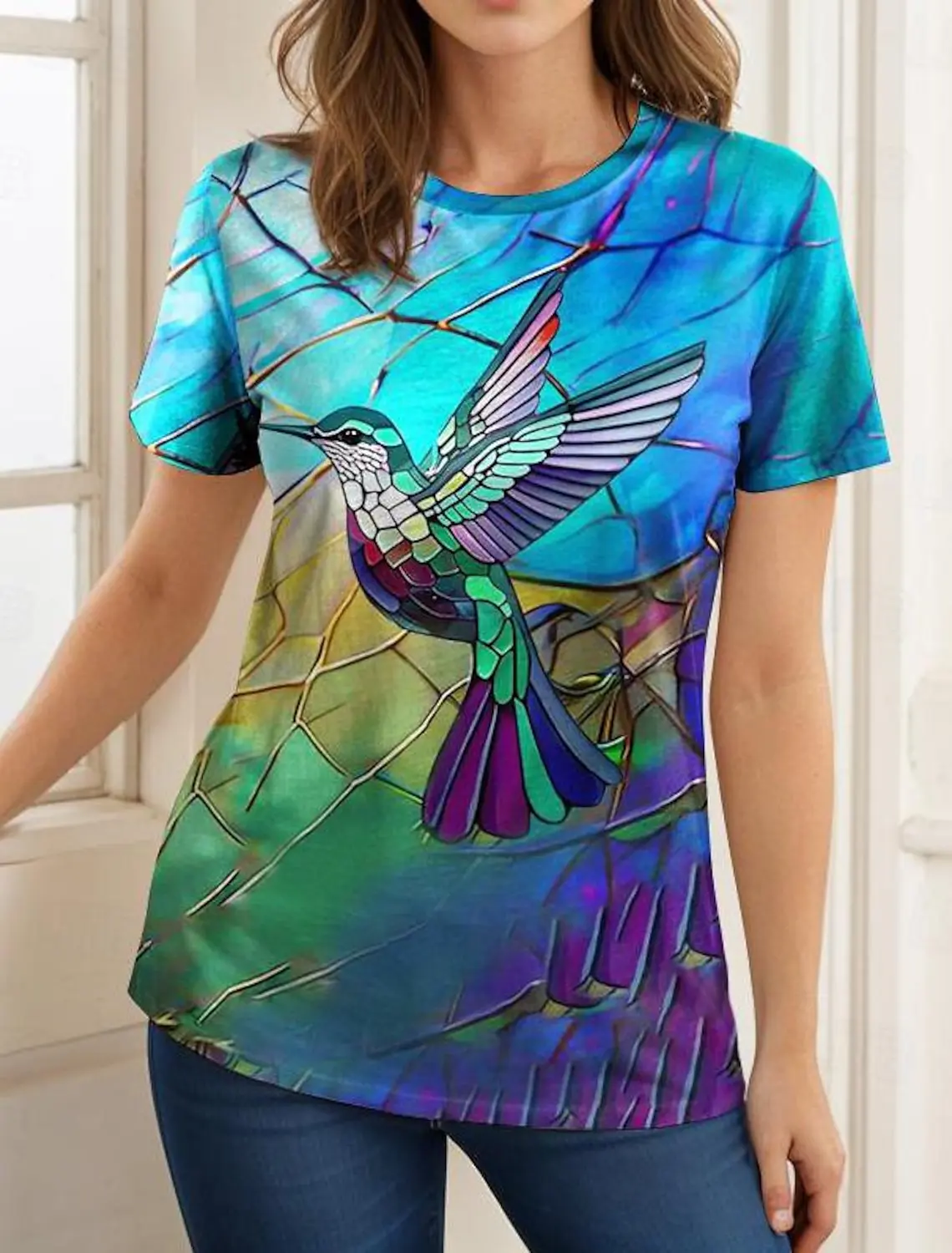 

Women's T shirt Animal Weekend 3D Print Bird Graphics Light Green Short Sleeve Tee Fashion Round Neck Tops Summer