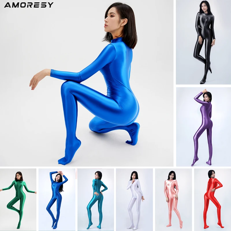 Amoresy Glossy Gladde Competitieve Eendelige Cosplay Olie Lange Mouw Dunne Panty Workout Sport Catsuits Rits Rompertjes Jumpsuits