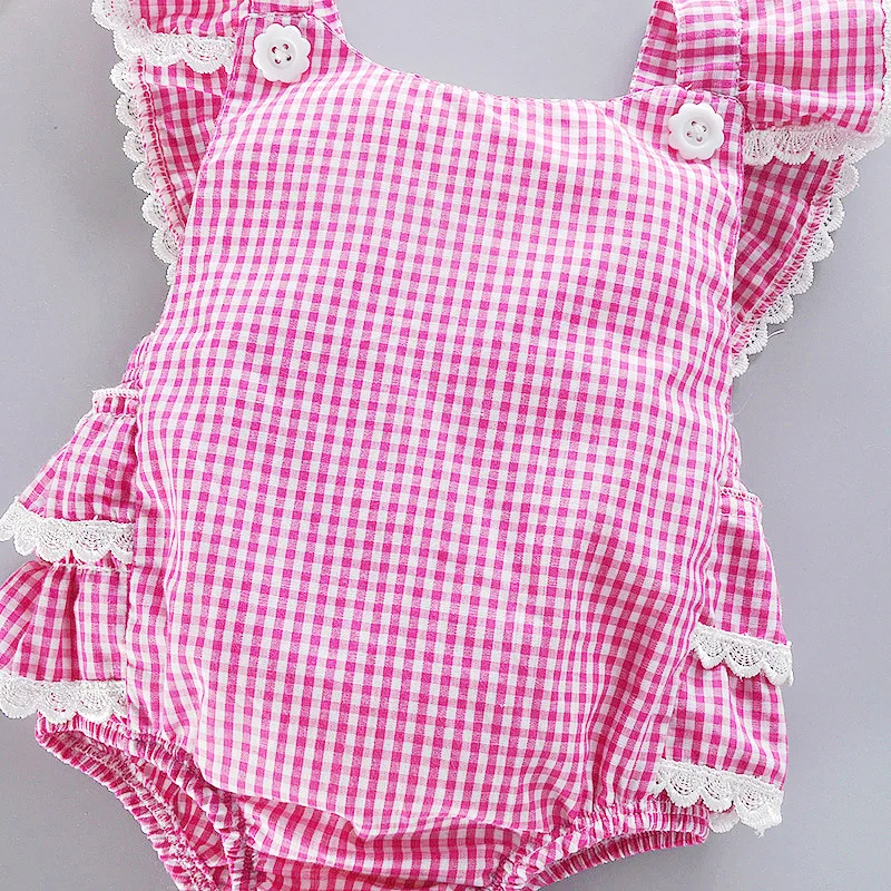 Newborn Summer New Crawling Suit With Flying Sleeves  Plaid Pattern  Lace, Bow  And Buttocks  Suitable For Babies Aged 0-2