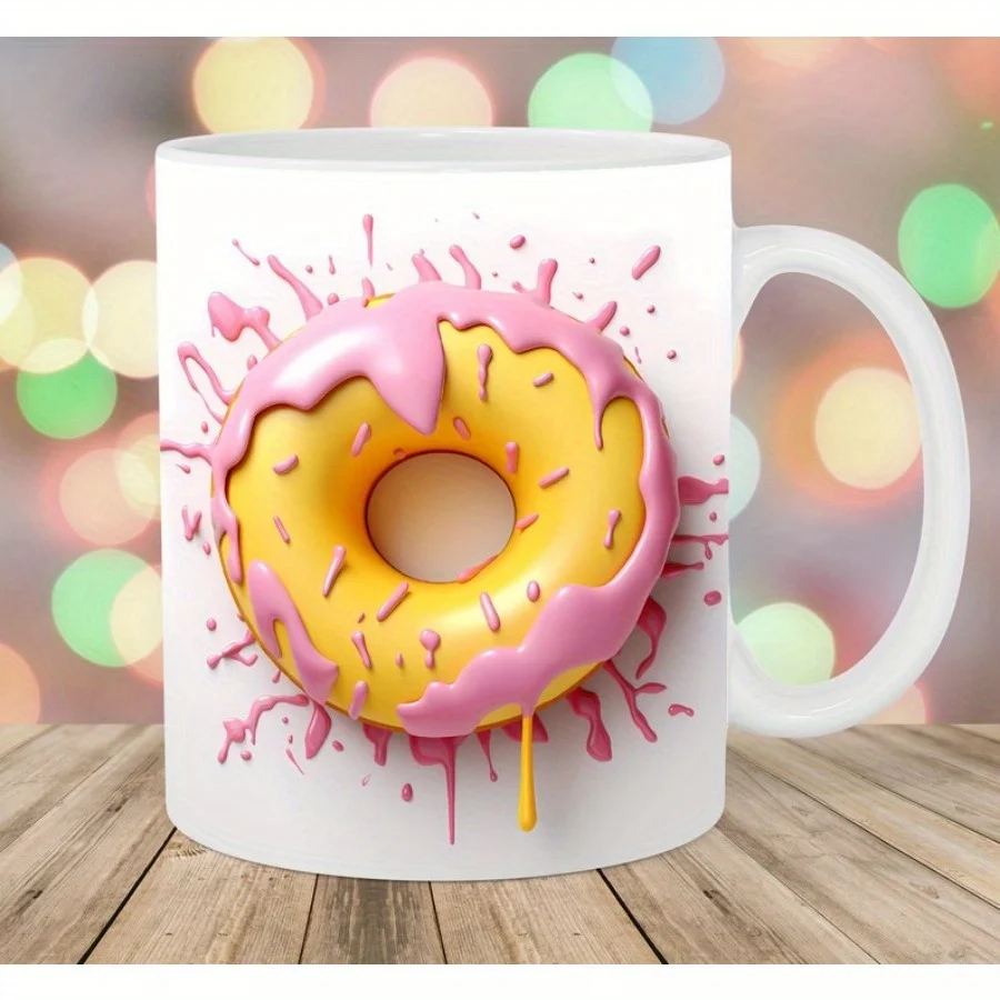 

1pc 3D Pink Yellow Donut 11oz Mug, Valentine'S Day gift mugs, couple mugs, kitchen drinkware Funny Ceramic Coffee Mug