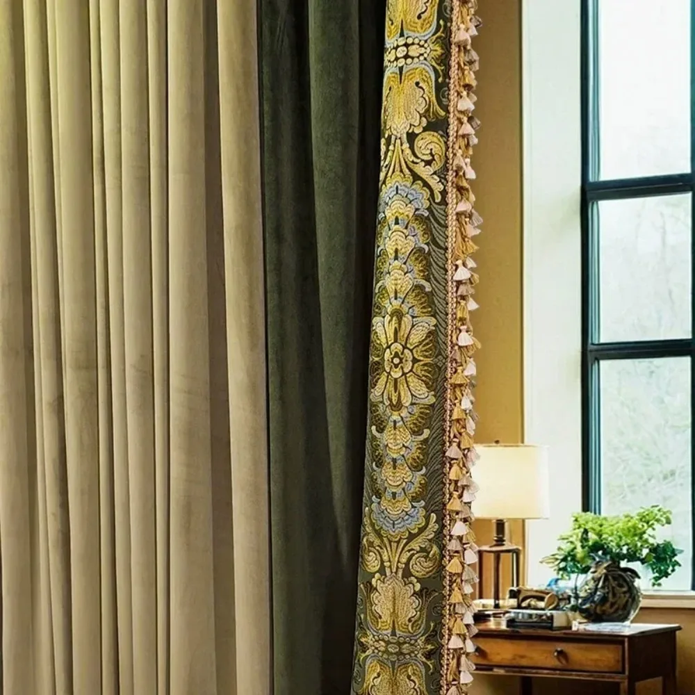 American Curtains Vintage Green Velvet Embroidery Window Curtains For Living Room Bedroom Dining Fleece Lace European Style