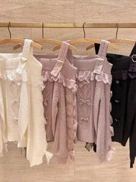 Sweet Girl Lace Shoulder Bridesmaid Sweater Long Sleeve Woolen Casual Style Knot Design Slimming Effect Women's Knitted Top