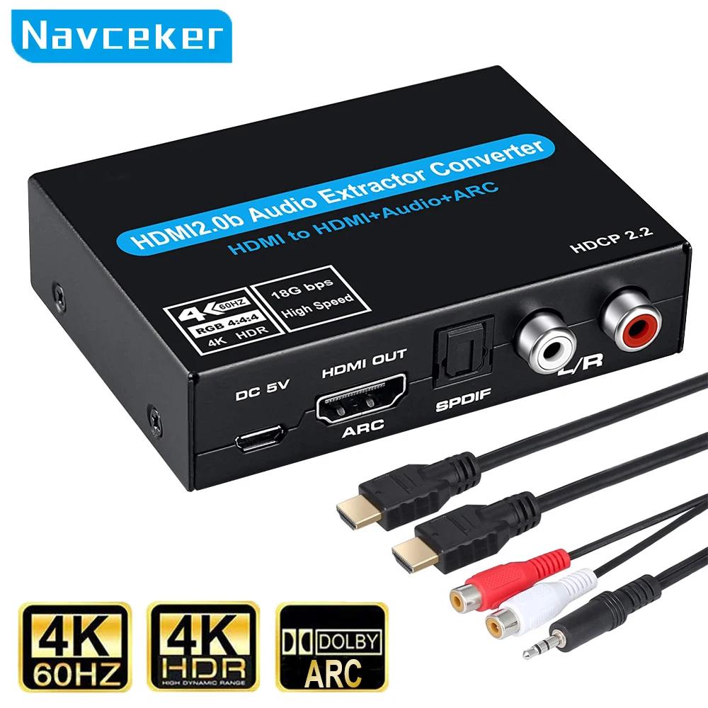 Navceker HDMI Audio Extractor 4K HDMI ARC Optical Splitter Adapter Converter 3.5 mm Stereo + L/R Audio Out Supports 5.1 3D 1080P