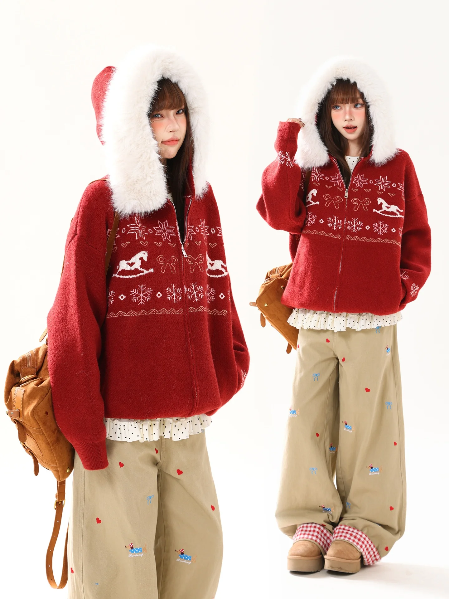 

Cisas Red Fair Isle Snowflake Fur Collar Knitted Hoodie Women's Lazy Sle Zipper Cardigan Thiened Long Sve round Ne