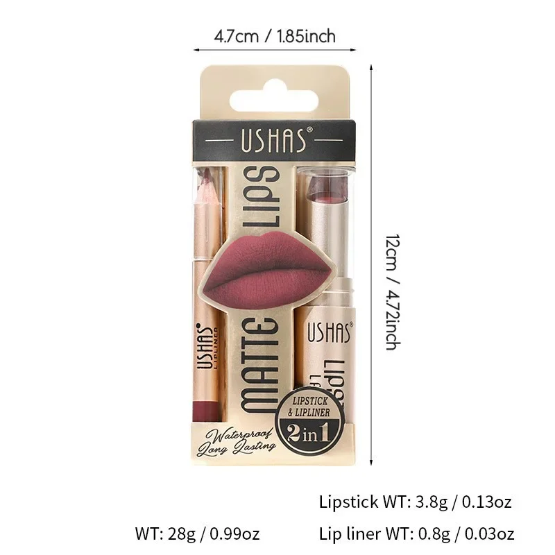 USHAS Matte 2 in 1 Rossetto Liscio Lip Liner Set Tazza antiaderente non appiccicosa impermeabile a lunga durata Altamente pigmentato Facile da applicare