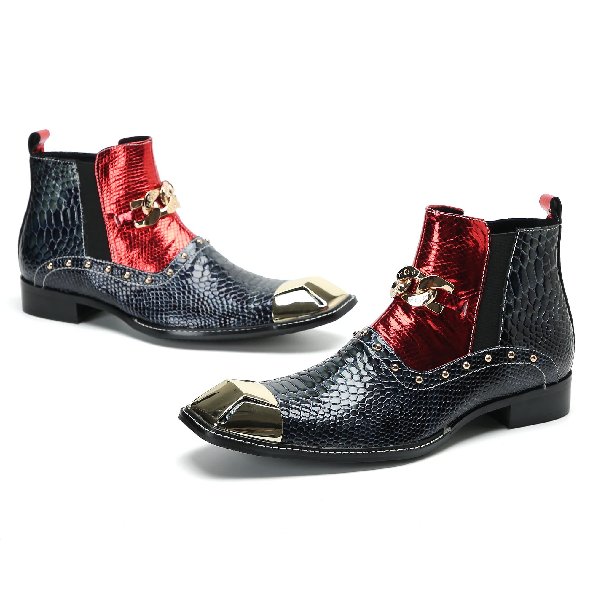 Designer Brand Party Men Square Toe Boots Rivets Genuine Leather Ankle Boots Wedding Party Dress Short Boots Formal Club Shoes