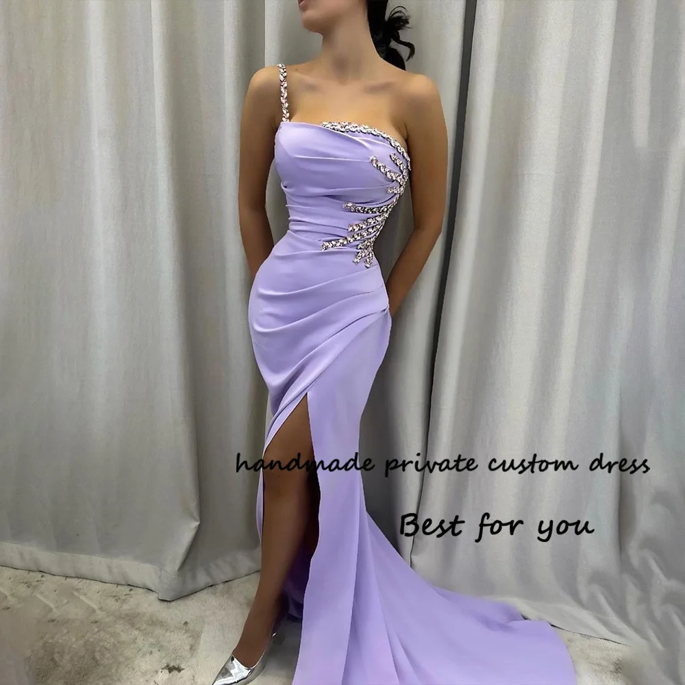 

Lavender Mermaid Evening Dresses with Slit One Shoulder Beaded Satin Long Formal Prom Dress with Train Womens Evening Party Gown