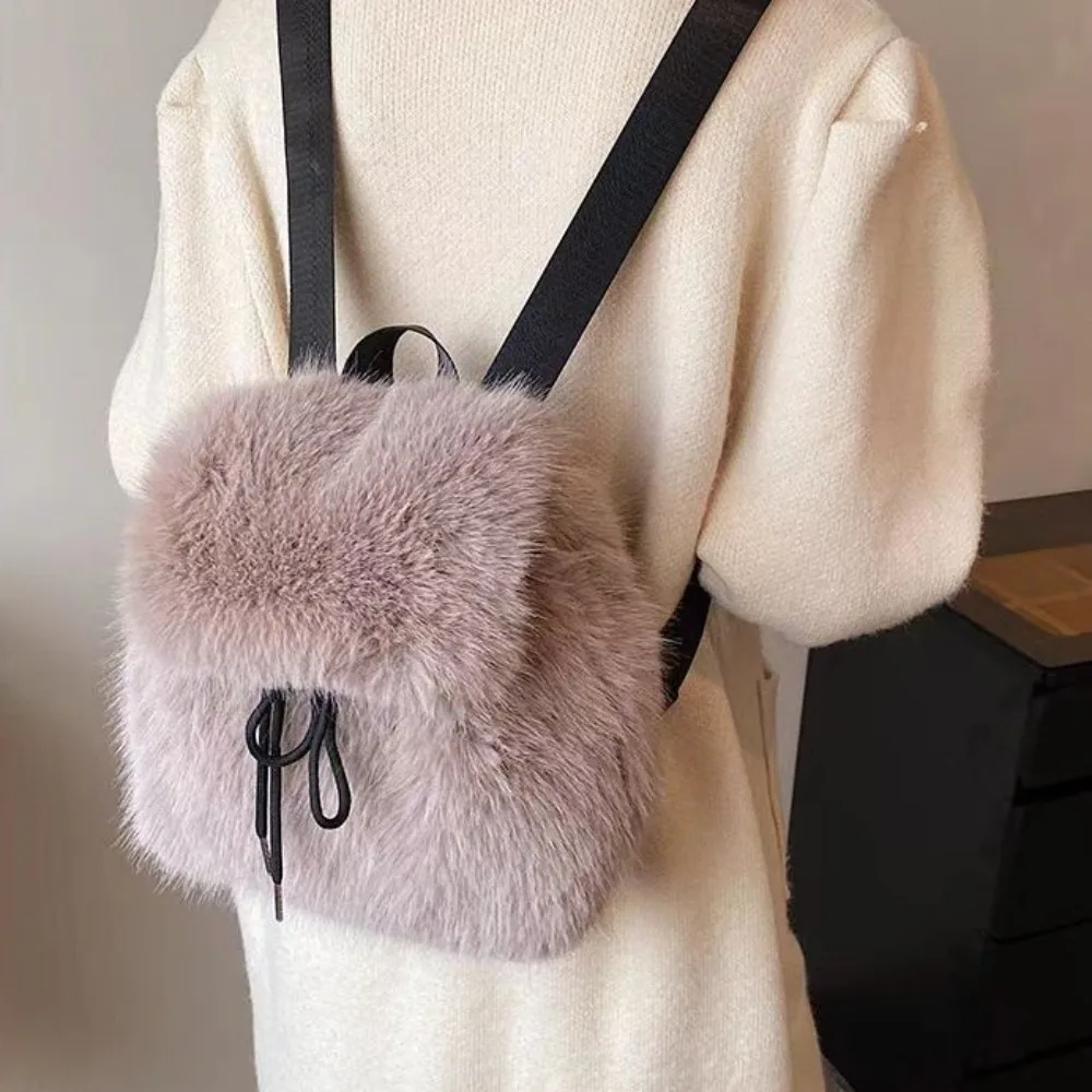 Casual Solid Color Faux Fur Drawstring Bag Soft Fluffy Plush Backpack Large Capacity Knapsack Flap Bag Women