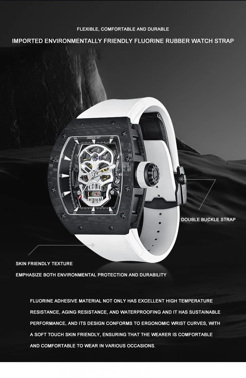 CRONUSART Men Automatic Watch Luxury Tonneau Mechanical Wristwatch Carbon Fibre Case Luminous Fluororubber Strap Skull Dial