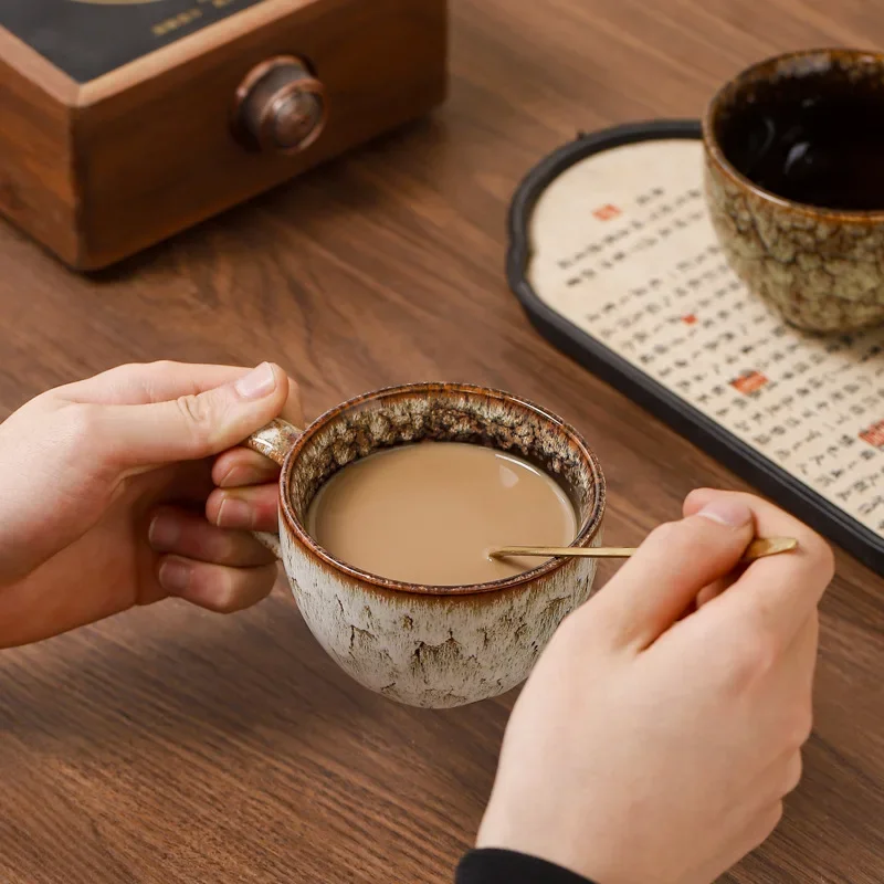 240ml Round Ceramic Kiln-changed Teacups Household Mug Office Coffee Breakfast Cups Dining Table Ceramic Retro Drinking Utensils