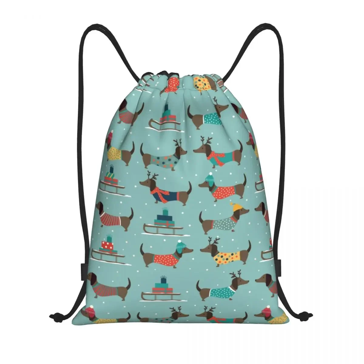 Christmas Dachshund Dog Pattern Drawstring Backpack Sports Gym Bag for Men Women Funny Pet Sausage Training Sackpack