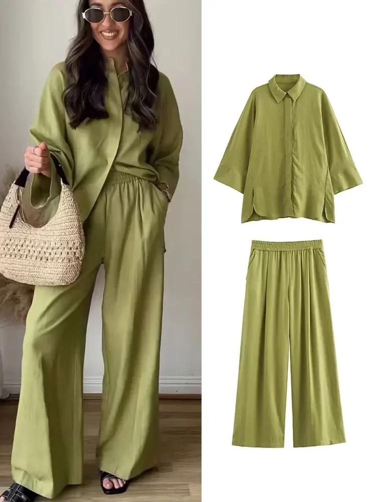 2 Pieces New Wide Leg Pants Sets for Women 2024 Fashion Loose Casual Shirts Top Women's Suit Two Piece Set Women Outfit