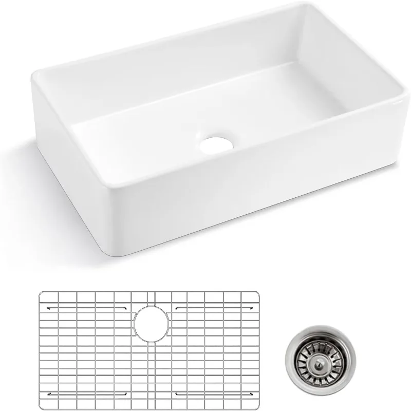 33 inch White Farmhouse Sink,  Porcelain Single Bowl Deep Large Capacity Kitchen Sink with Stainless Steel Grid and Strainer