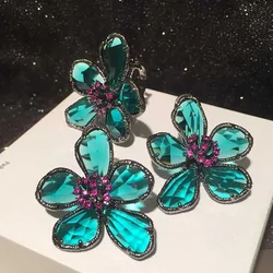 Luxury Green Crystal Flower Earring Open Ring Jewelry Set for Women Charm Zircon Stud Earring Wedding Party
