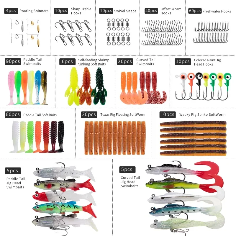 

350PCS Fishing Lures Set Freshwater Soft Silicone Bait Kit Artificial Wobbler Metal Jig Spoons Hook Fishing Accessories Tackles
