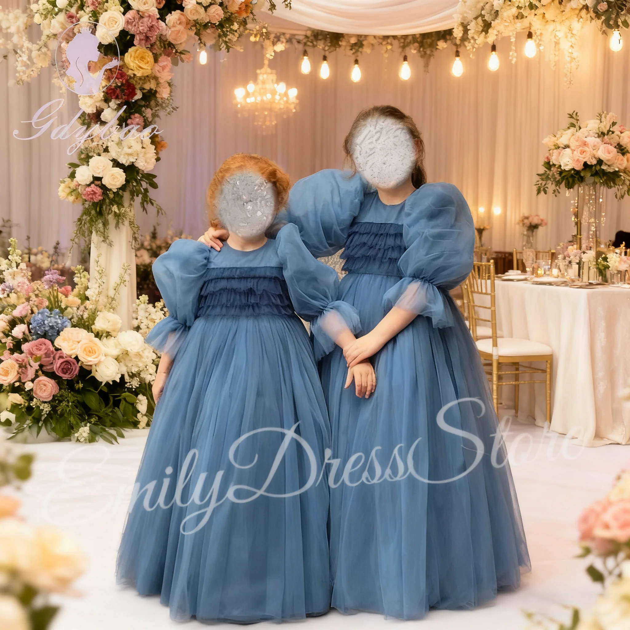 

Customized Grey Blue Flower Girl Dress For Wedding Tulle High Waist Puffy Pleated Kids Birthday First Communion Ball Gown
