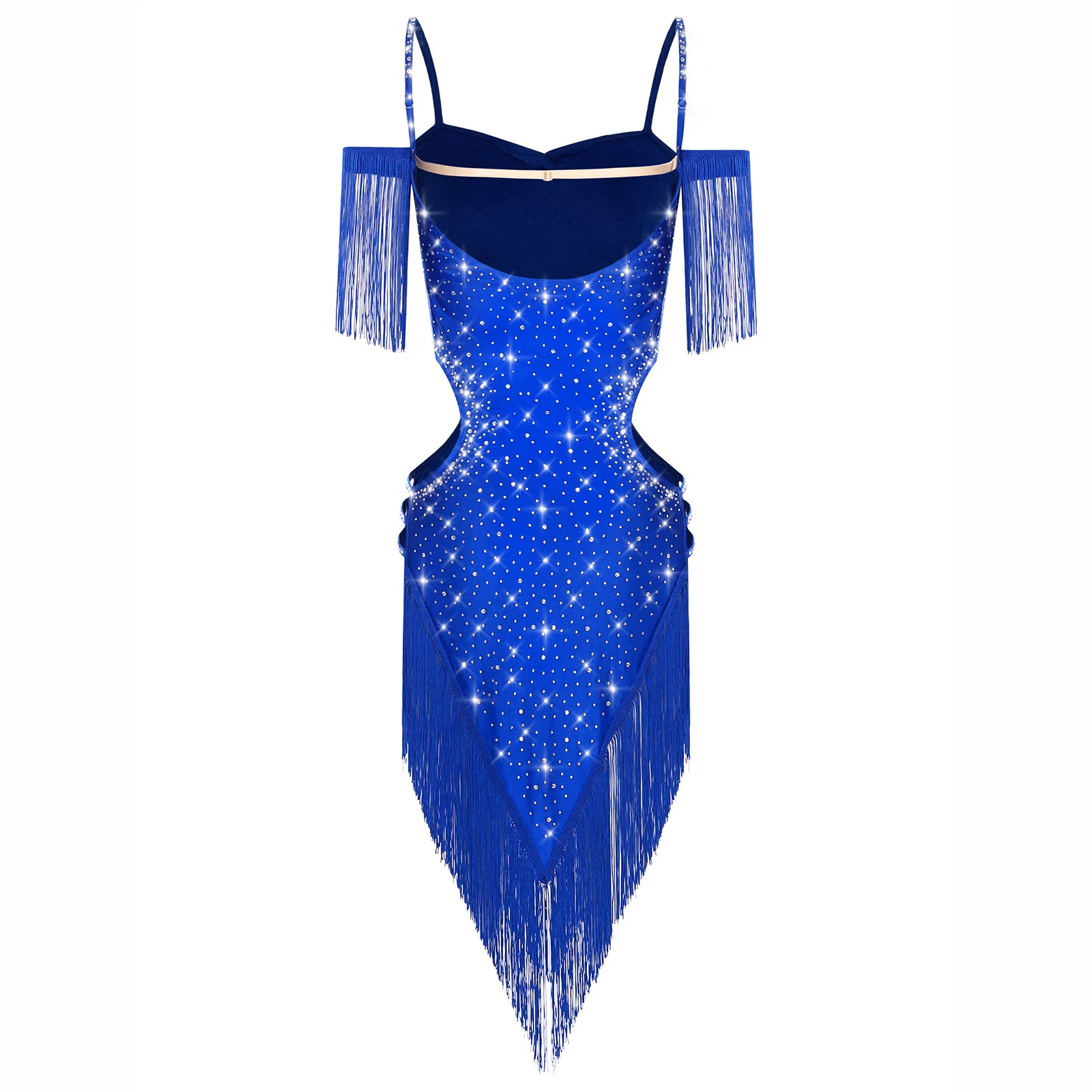 2025 New Women Latin Dance Cha-Cha Tango Performance Costume Cutout Backless Spaghetti Straps Fringe Rhinestones Dress Dancewear