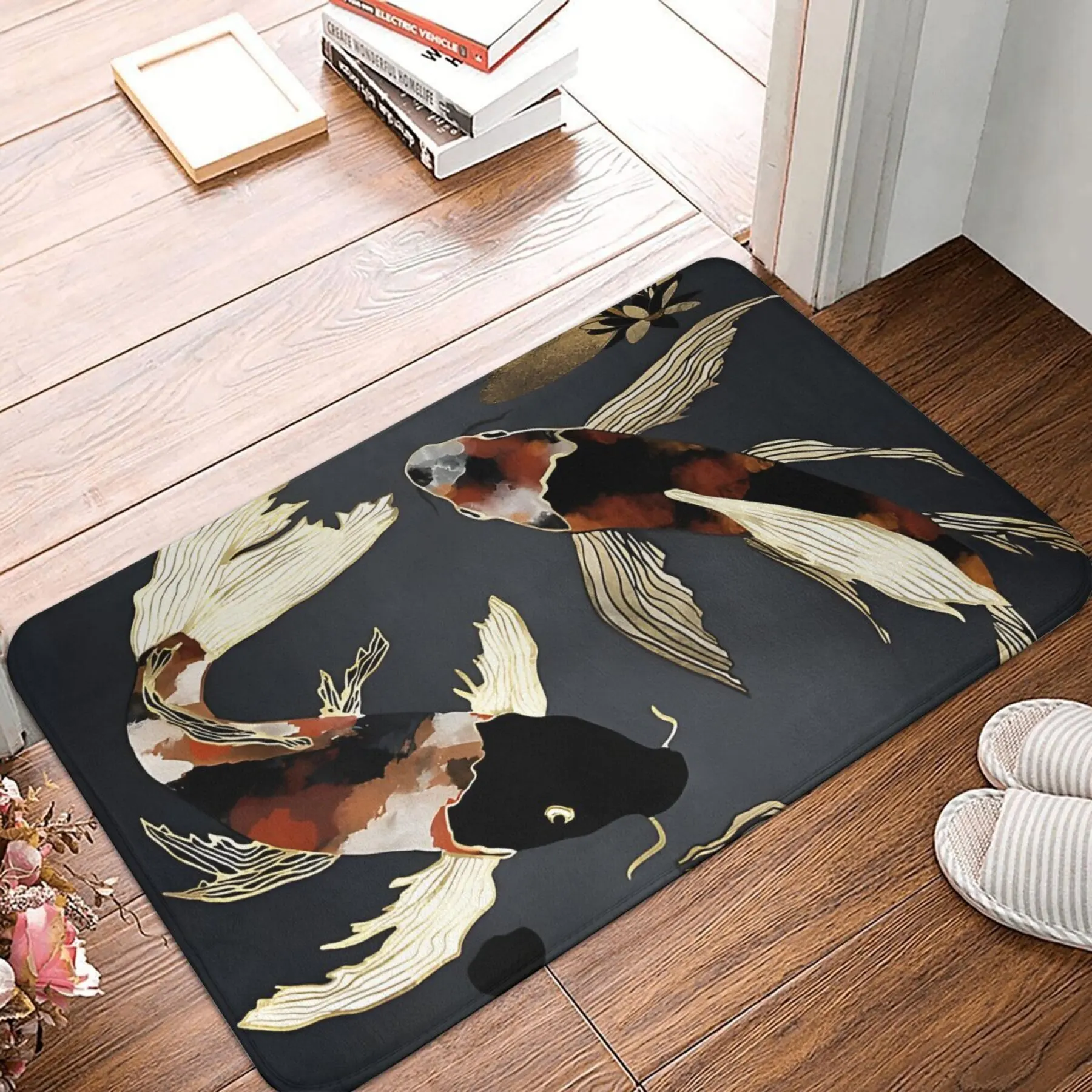 

1pc Metallic Koi Fish Bath Mat - Lightweight Machine-Washable Polyester Blend, Non-Slip Rubber Backing, Elegant Black Background