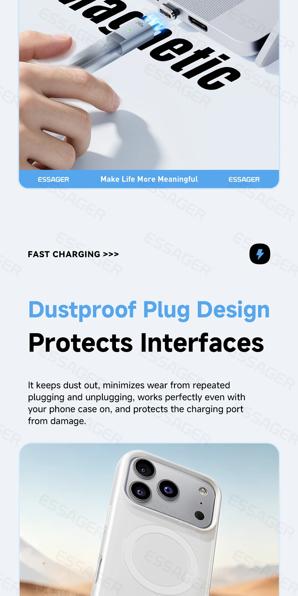 Essager USB C Cable 240W Magnetic USB Type C Cable PD 5A Fast Charging Data Cord For iPhone 17 Macbook Pro Xiaomi Huawei Samsung
