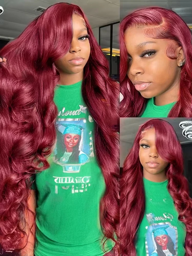 Burgunderrote 99J-Körperwellen-Perücken, Echthaar, gefärbt, 13 x 4, transparente Spitze-Front-Perücke, 200 % Dichte, brasilianische vorgezupfte Echthaar-Perücke