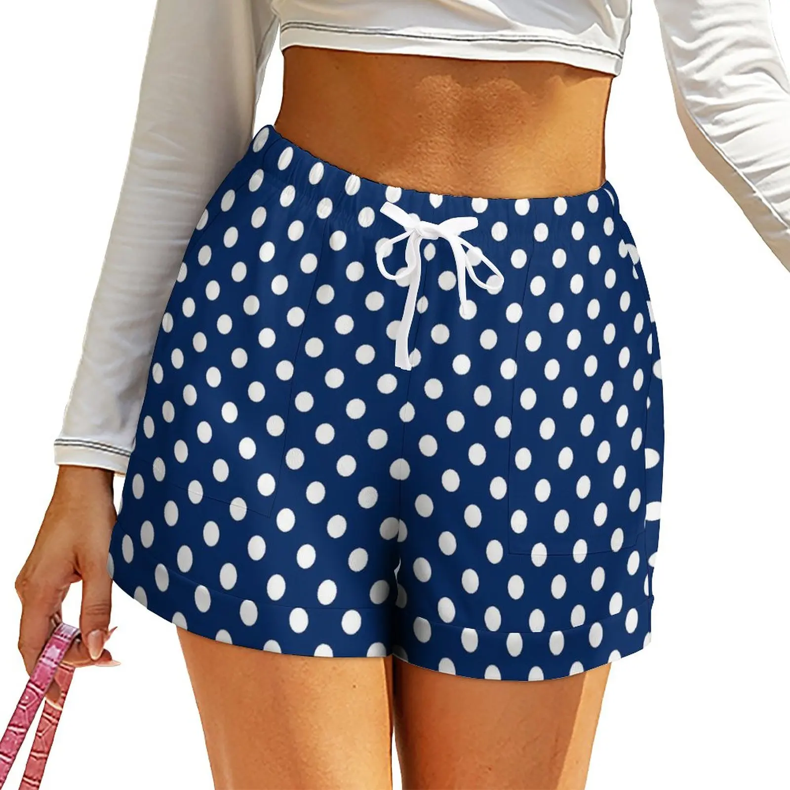 Polka Dots Shorts Womens Navy Blue and White Street Wear Graphic Shorts Elastic Waist Oversized Short Pants Cute Bottoms