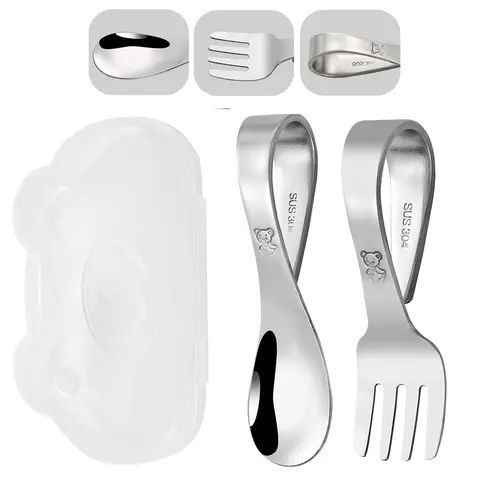 아기 숟가락 포크 세트 304 스테인레스 스틸 끈적 숟가락 어린이 칼 붙이 훈련 숟가락 먹이 식기 부드러운 주방 액세서리