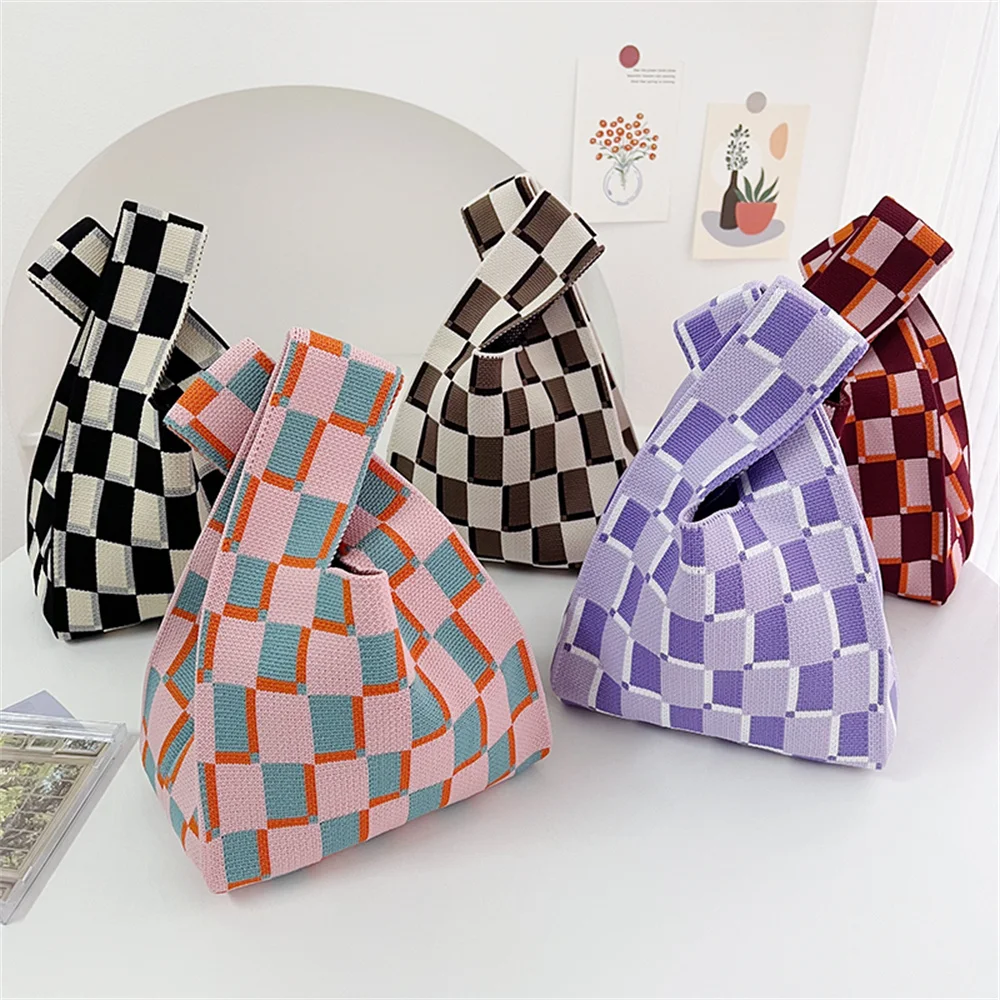 

Handmade Knit Handbag Women Mini Knot Wrist Bag Japanese Casual Color Chessboard Grid Tote Bag Student Reusable Shopping Bags