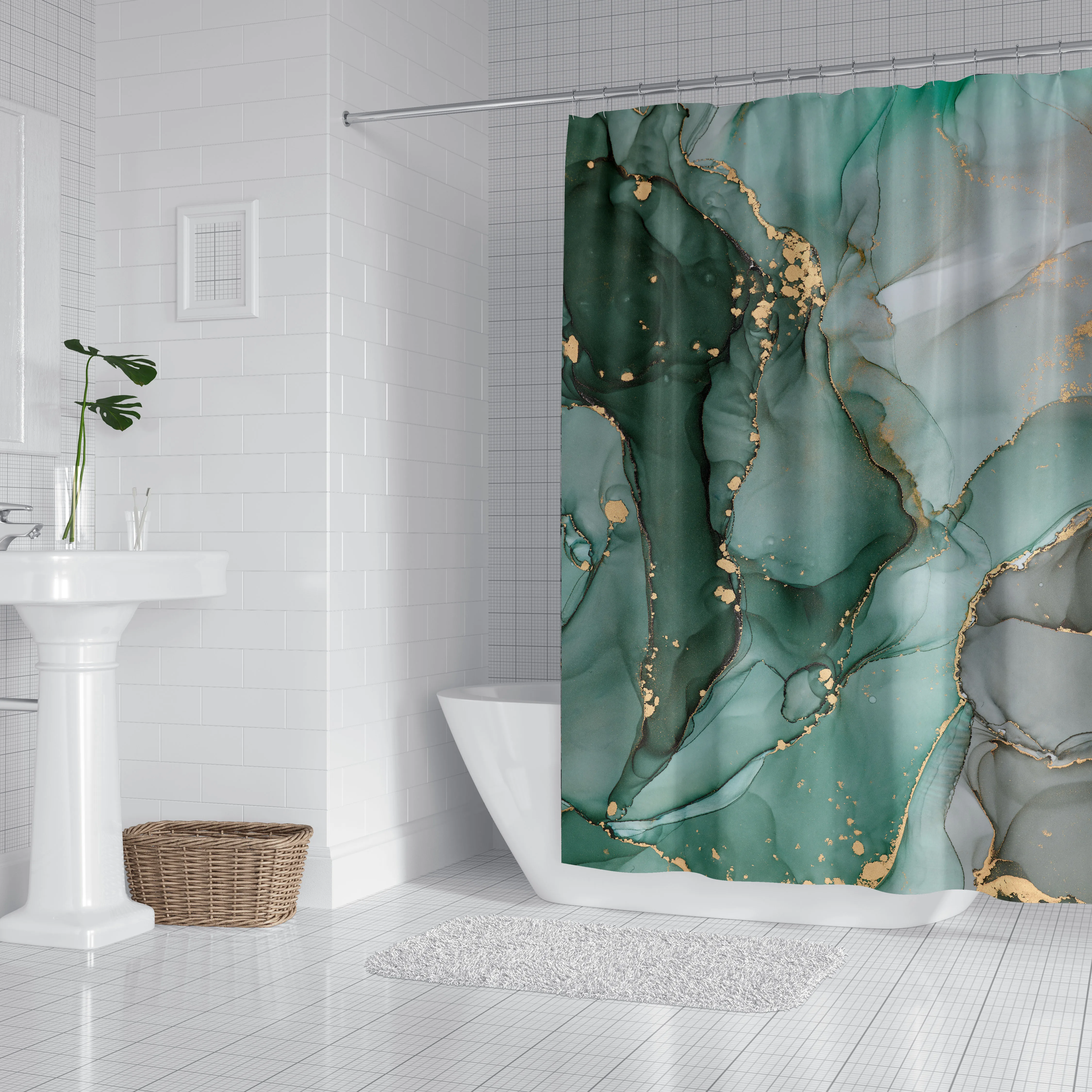 1pc Marble Pattern Shower Curtain Bathroom Partition Decorative Curtain Machine Washable Cyan Marble Window Privacy Curtain