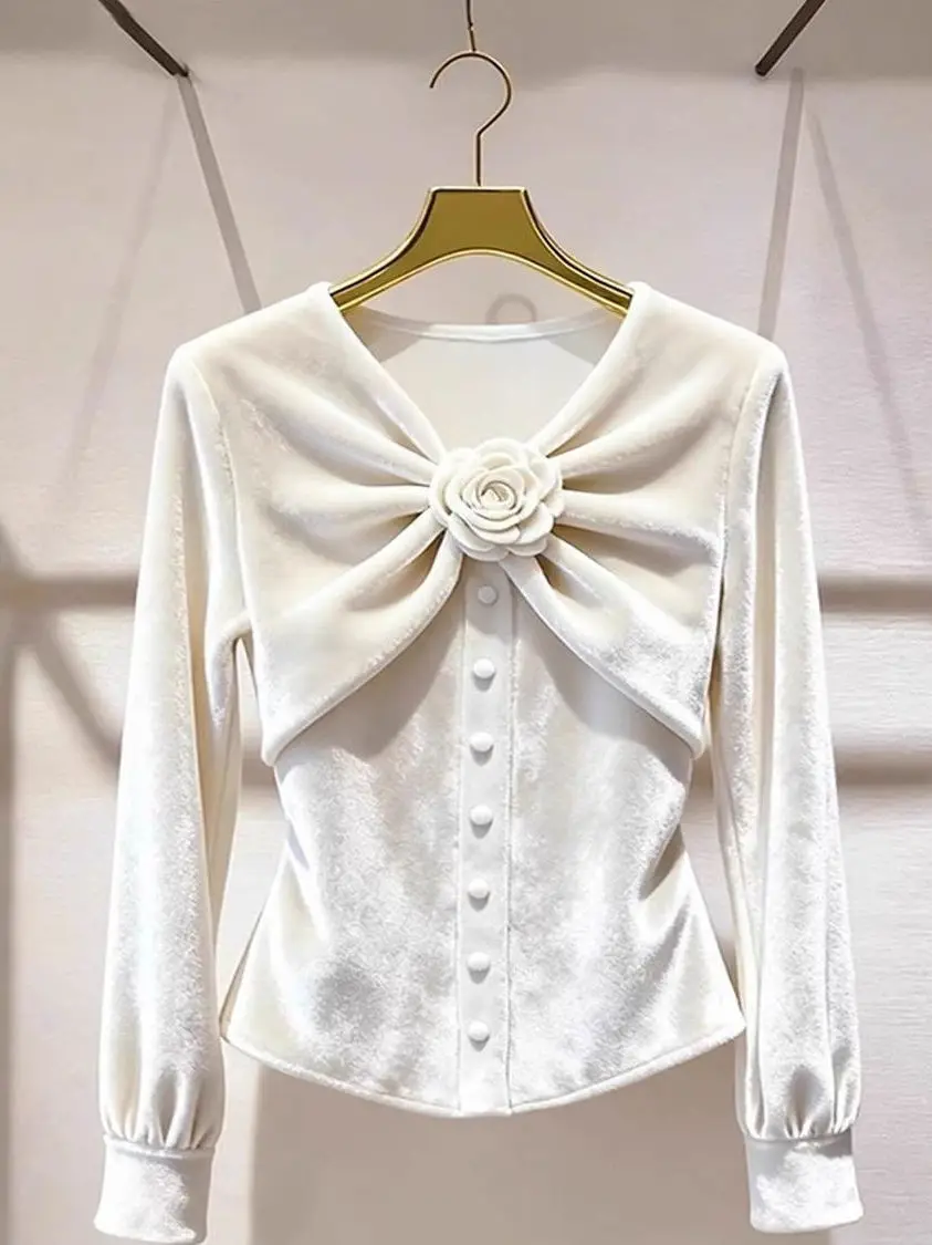

White Velvet irt Women's Faion Autumn Winter New Sle Gentle Ele Unique Beautiful Top Stereo Flower Decoration Commu...