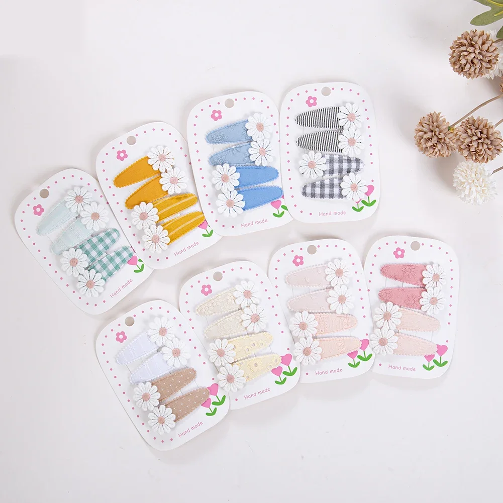 4Pcs/Set Cute Daisy Snap Hair Clips Princess Girls Hairpins Embroidery Plaid Hairgrips Kids Cute Ins Barrettes Hair Accessories