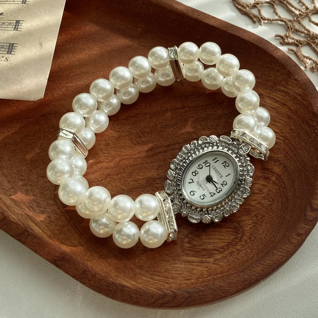 Women Crystal Pearl Bracelet Analog Quartz Wrist Fashion Handmade Pearl Beads Stretchy Watch Strap for iWatch Bands Series