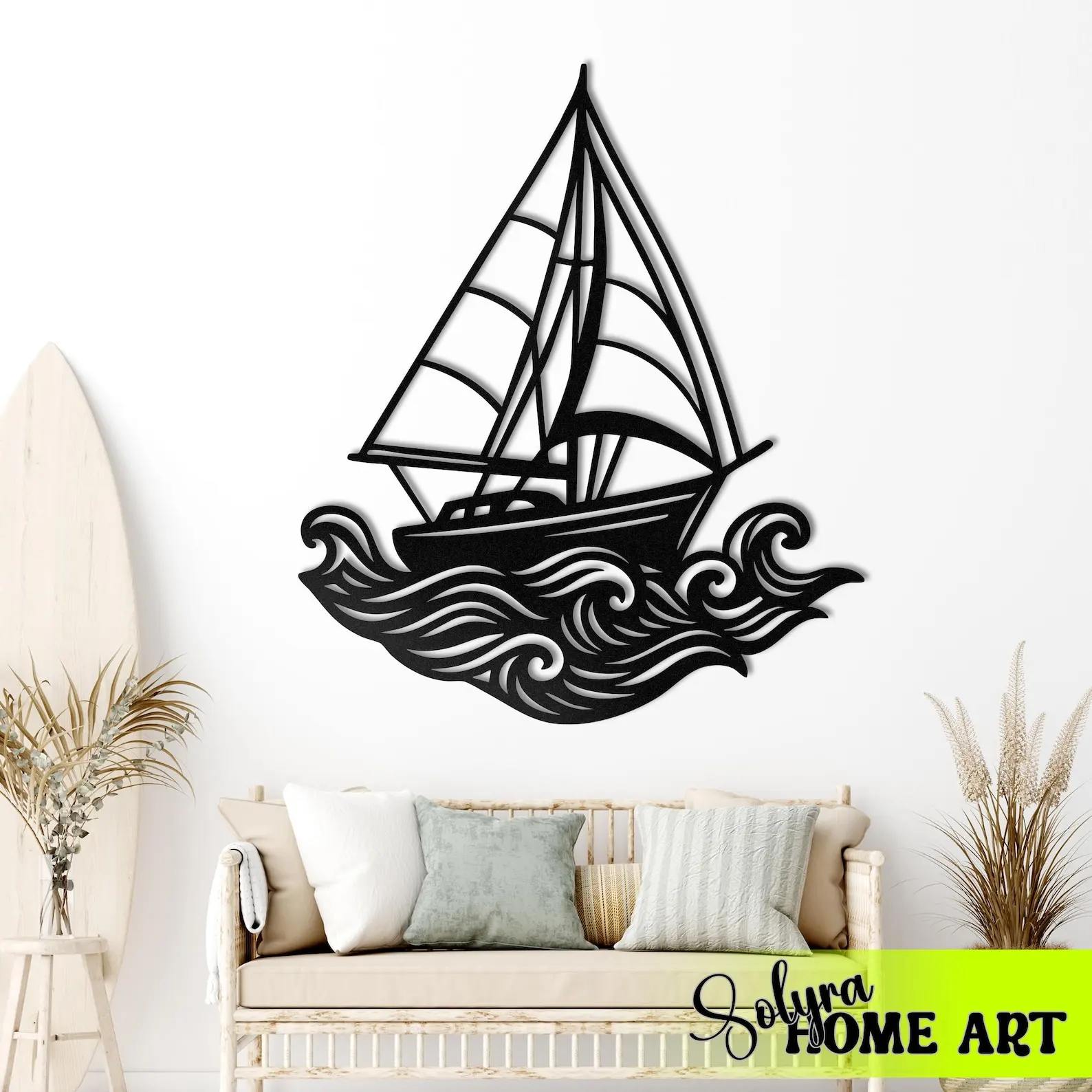 CIFBUY Iron Wall Art Laser Cut Sailboat Wave Metal Waterproof Sculpture For Home Hanging Decor Nautical Gift