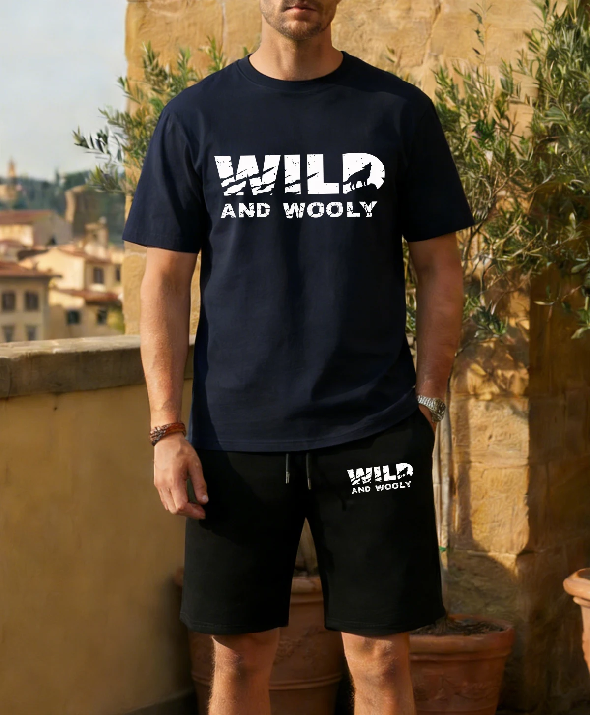 

Wolves From The Wild Print Men Retro T Shirt Suit Casual Loose Cotton Tee Trendy Drawstring Pants Summer Unisex O-Neck Soprtsuit