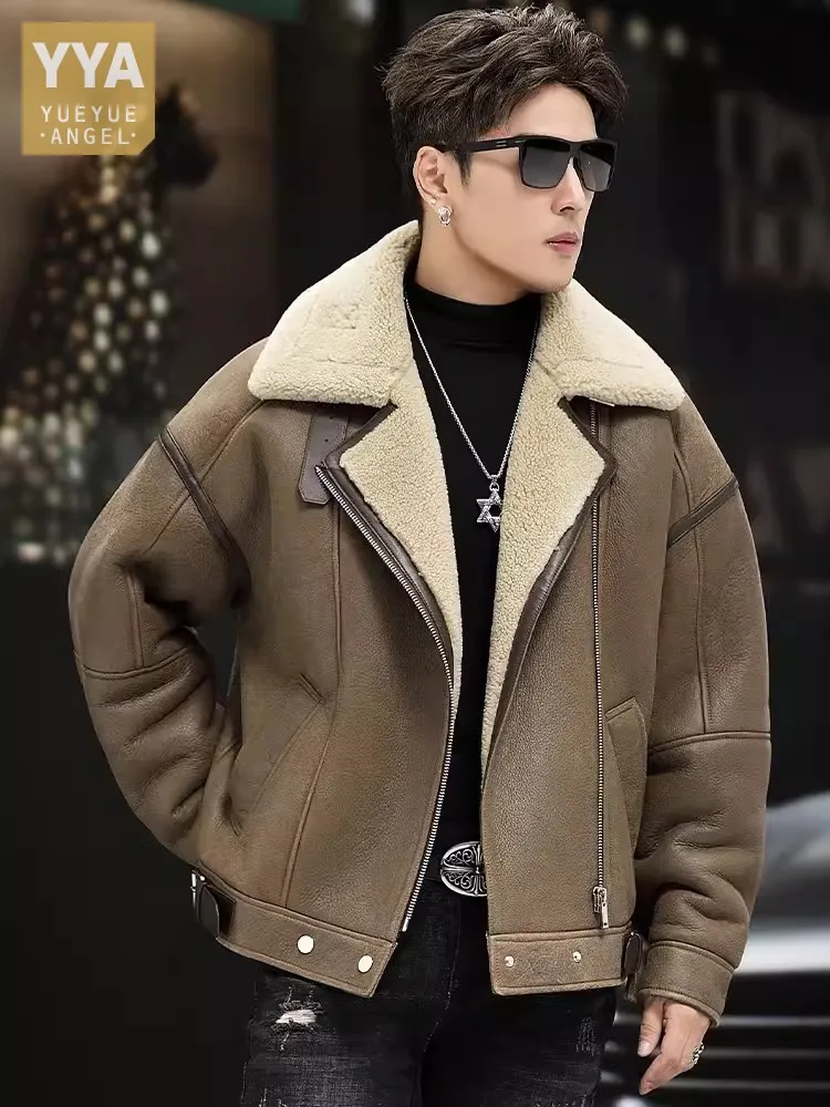 Winter Luxury Mens Warm Wool Lining Coat Business Casual Sheepskin Genuine Leather Real Fur Jacket Natural Shearling Overcoat