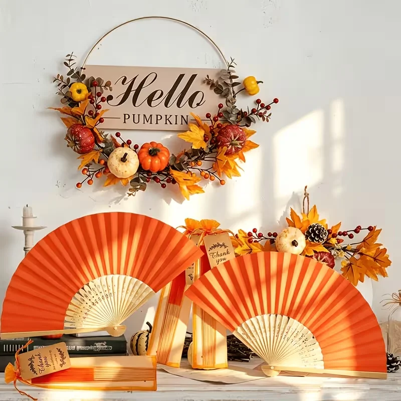 5Sets/10Sets/15Sets/20Sets Orange Paper Folding Fans, Personalized Custom Logo Laser-Engraved Name Paper Fans Suitable for Weddings, Bridal Showers—Orange Handheld Paper Fans with Thank You Cards and Gift Bags, Can Be Used as Wedding Favors, Church Events, Women's Gifts, Perfect for Mother's Day, Graduation Season, Valentine's Day, Christmas - view 6
