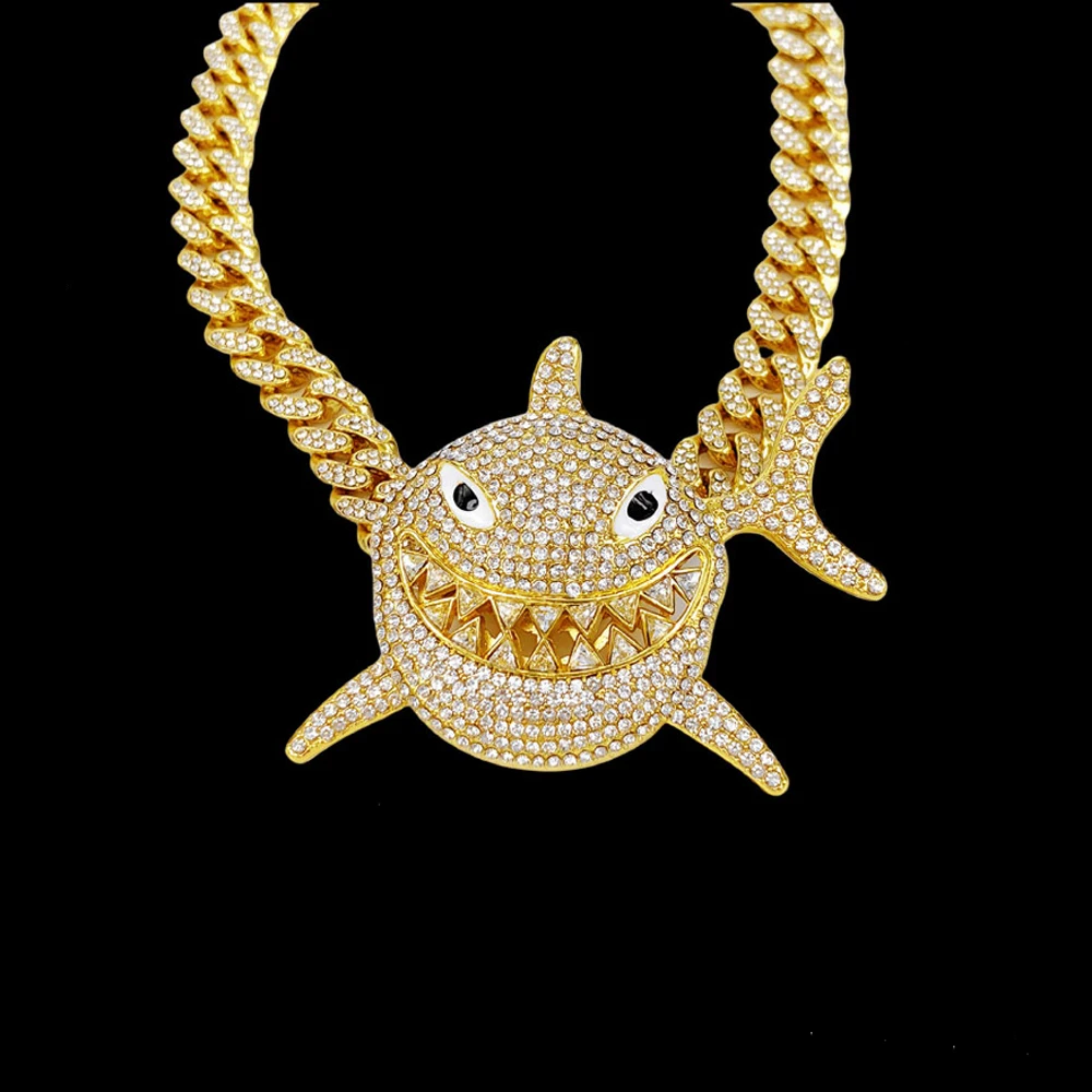 Hip Hop Iced out Full Crystal Big Shark Pendaant Necklace With13mm Cuban Chain HipHop Bling Necklaces Charm Jewelry For Man Gift