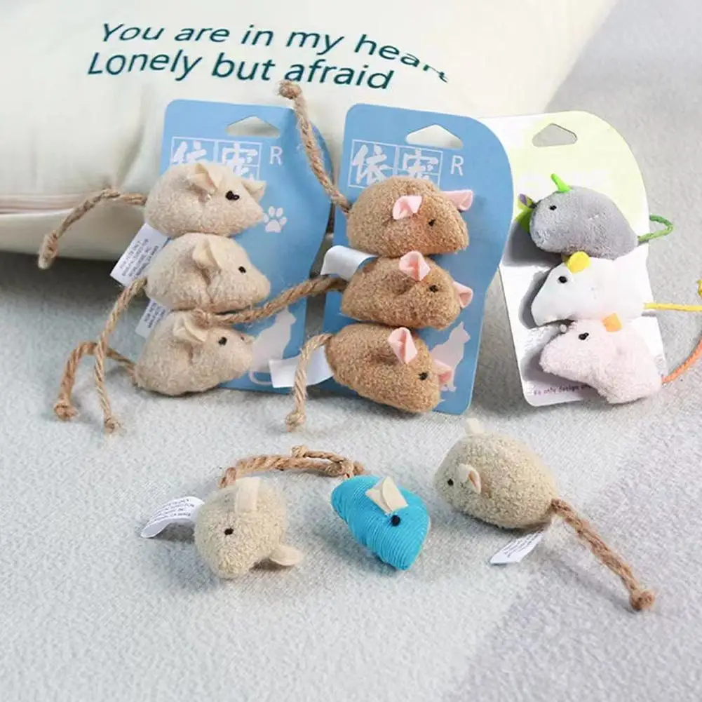 3Pcs Plush Mouse Cat Toys 10.5cm Interactive Fake Mice Toys with Woven Tail Assorted Random Colors Play Hunting Toys for Cats