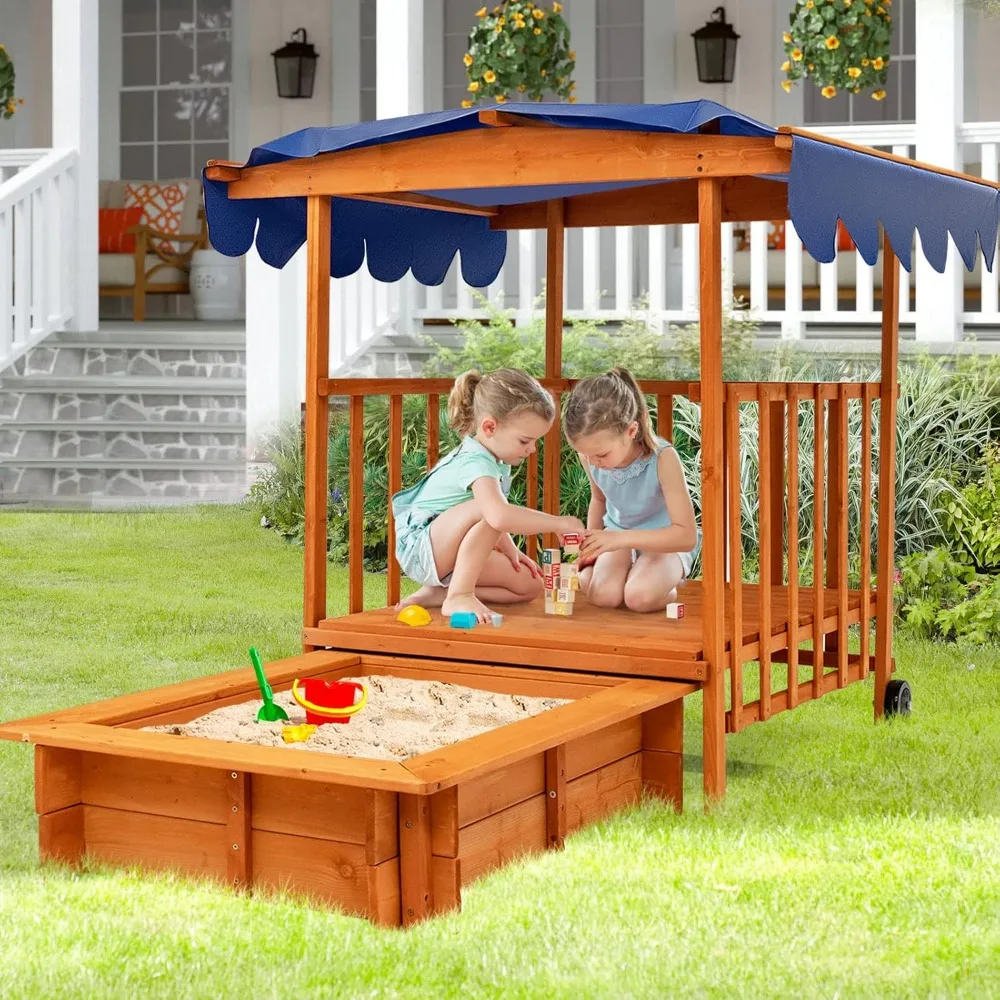 

Kids Retractable Sandbox with Canopy, Wooden Cedar Cabana Playhouse with Large Play Area, Rear Wheels, Guardrails, Child