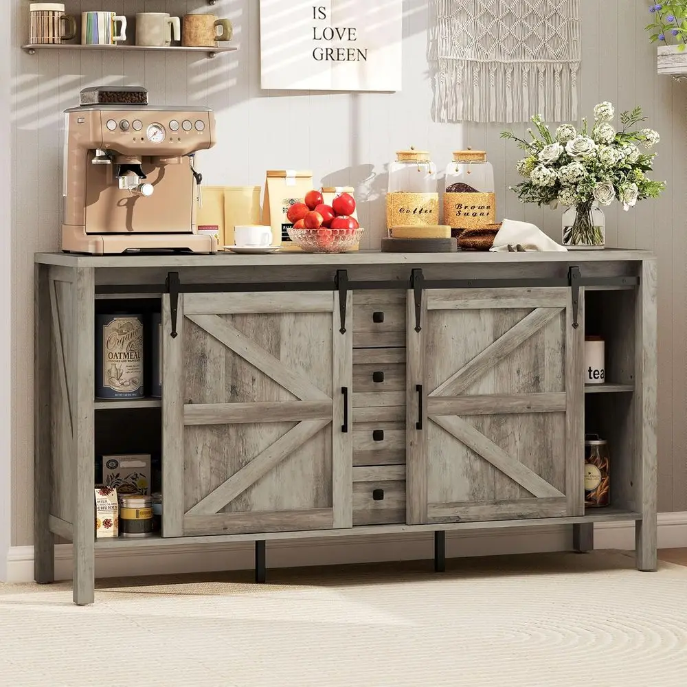 

59 Gray Wash Sideboard Buffet Cabinet with Thick Top, Coffee Bar, 2 Sliding Doors, 4 Drawers, Adjustable Shelves