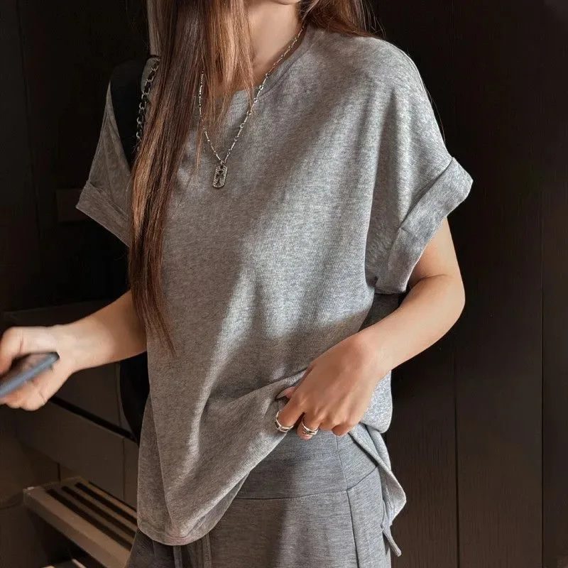 Women Round Neck Batwing Short Sleeve T Shirt Loose Linen Cotton Casual Solid Basic Two Pack Summer Top