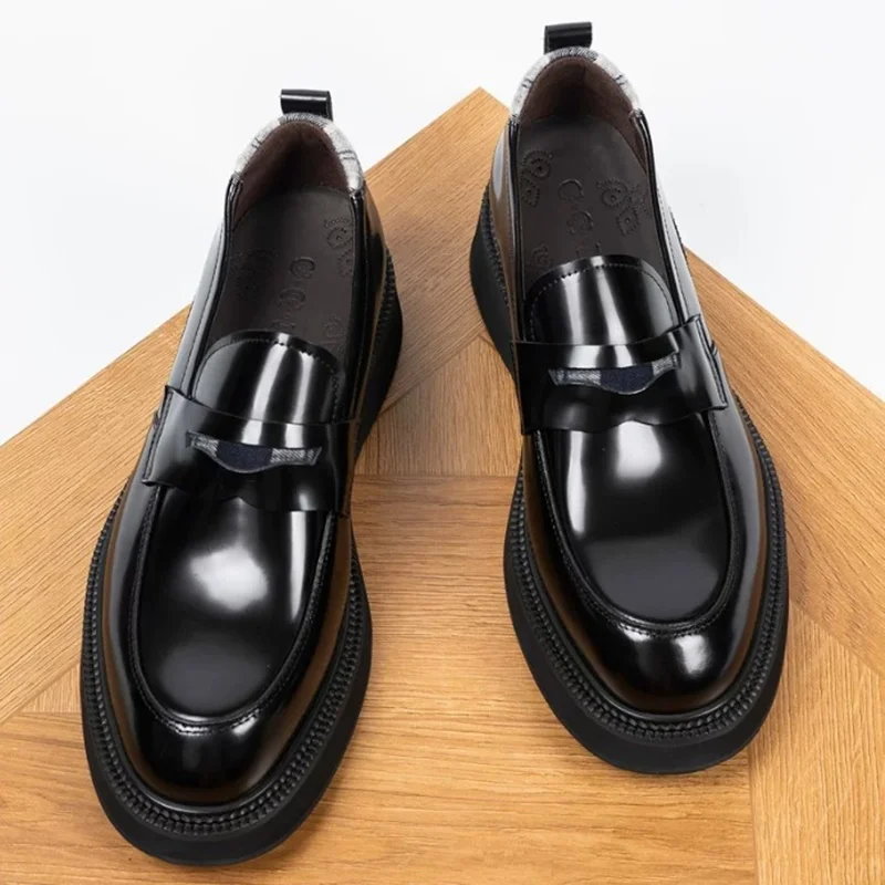 Black Genuine Leather Dress Shoes For Man Luxury Thick Bottom Leather Penny Loafers Slip-on Cow Lining Business Casual Shoes