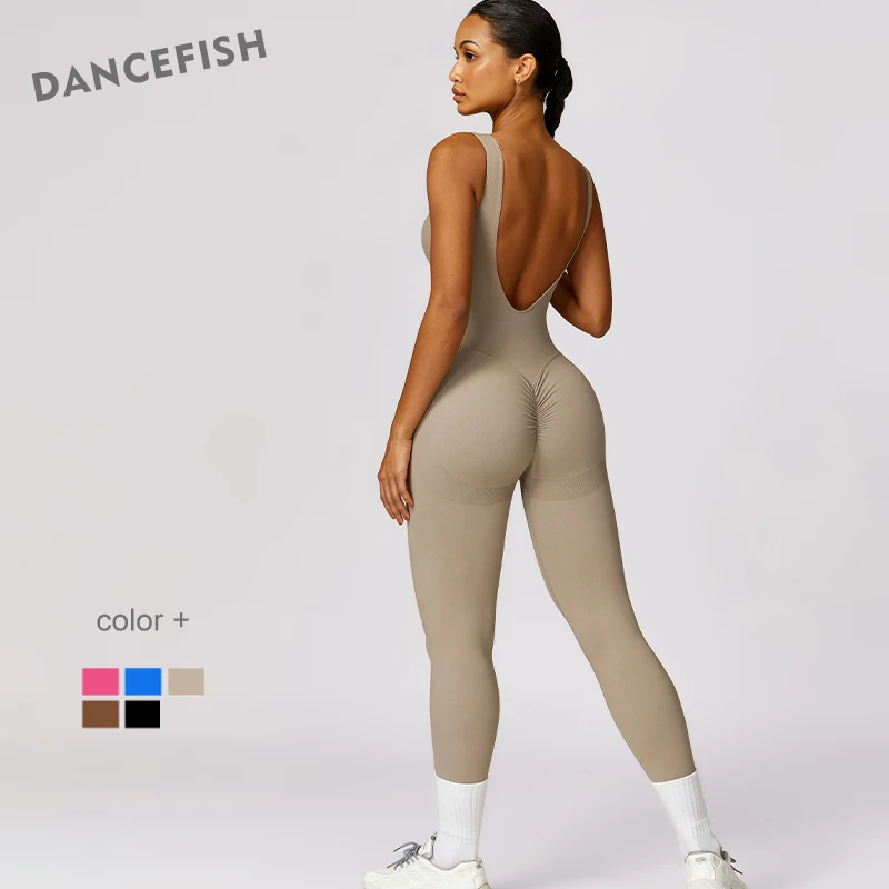 DANCEFISH Women Tight Seamless Sport Suit Elegant Collar Deep V Beauty Back Without Pad Hip Lifting Fitness Aerial Yoga Jumpsuit