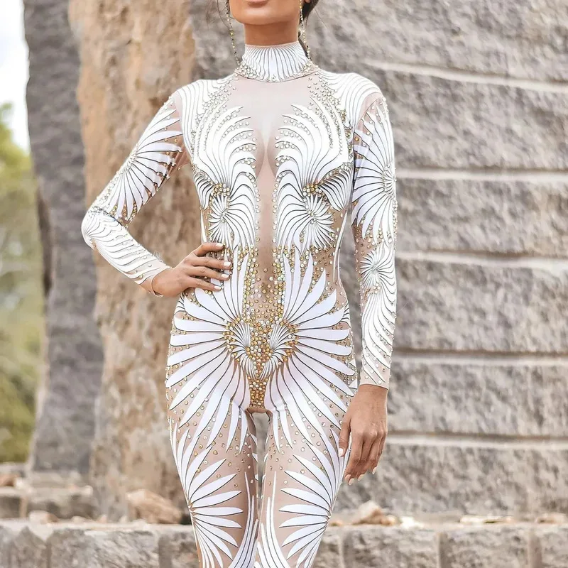 Lace Sequins Pattern 3D Printed Skeleton Robot Cosplay Costume Sexy Jumpsuit Women Halloween Party Clothing Slim Tight Bodysuit