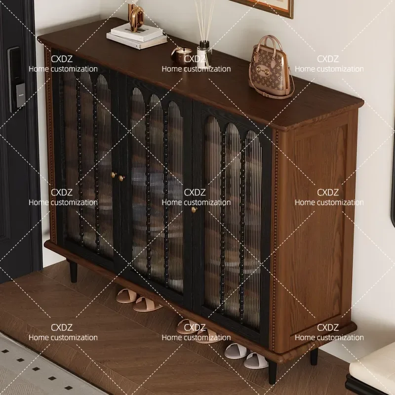 Solid Wood Medieval Retro Style Shoe Cabinet Household Entrance Integrated Indoor Wall Mounted Large Capacity Shoe Rack