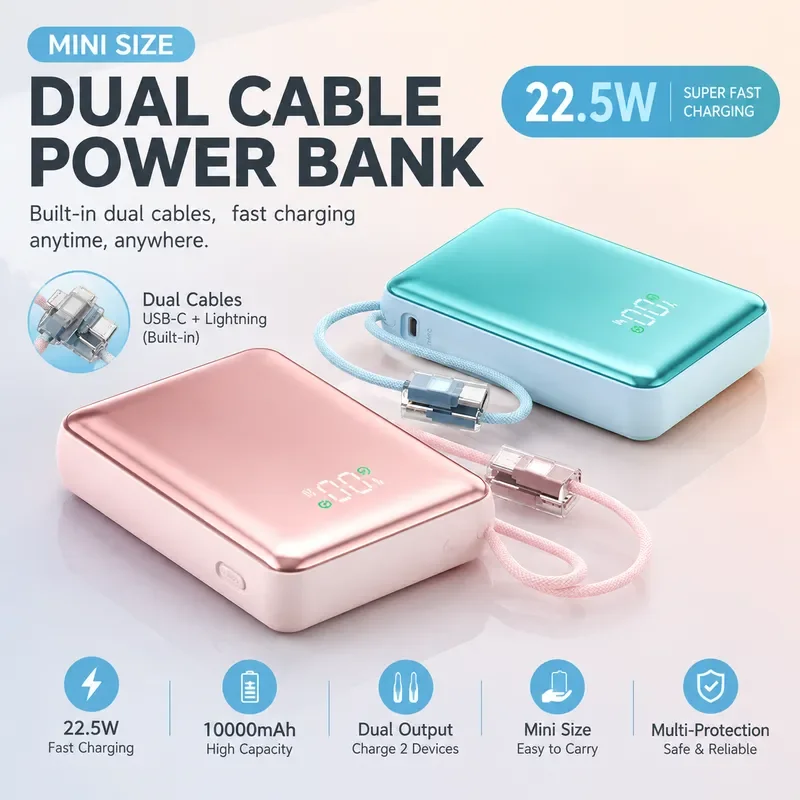 2025 New Ultra Thin Power Bank with Built in Cable Super Fast Charging Portable Small Mini External Battery
