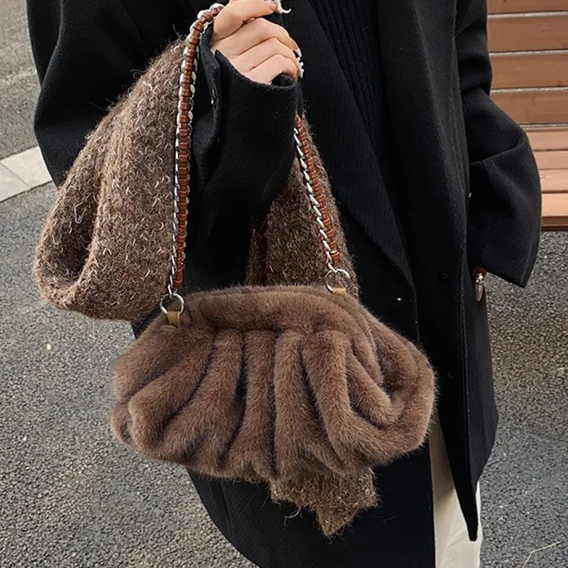 

Cute Women's Faux Fur Ruched Clutch Handbags Bag 2025 Autumn And Winter Fashion Cloud Crossbody Bag Design Sweet Girl Handbag
