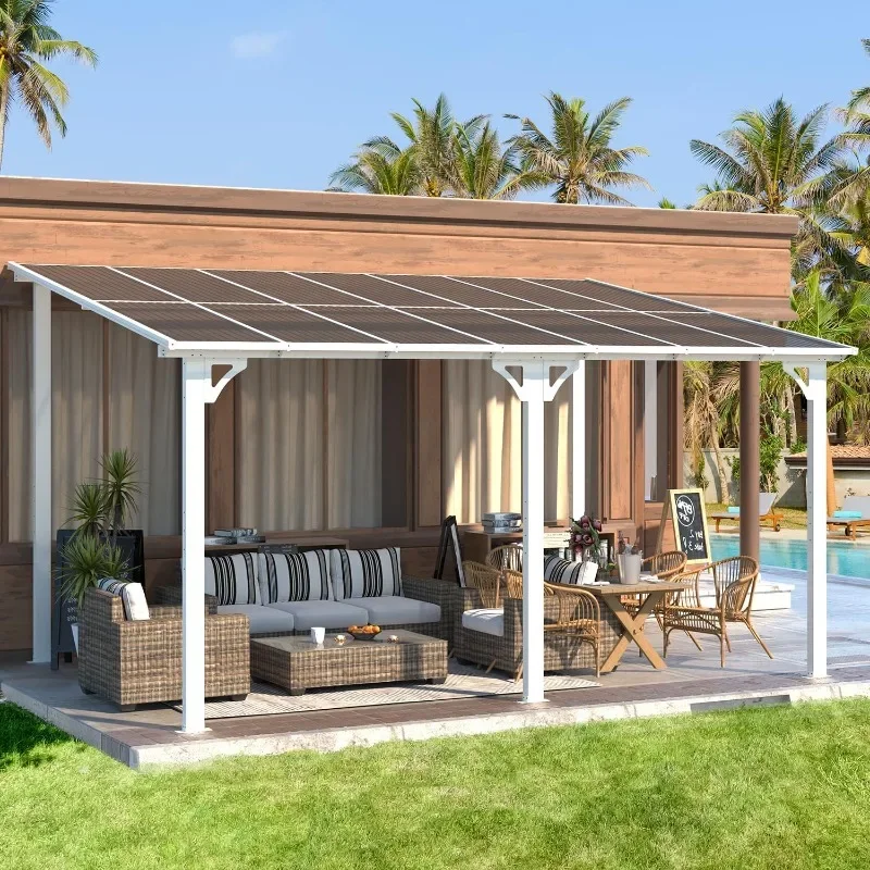 AECOJOY 14' x 10' Gazebo in White, Large Wall Mounted Gazebos on Clearance, Outdoor Patio Lean to Gazebo Metal Awnings for Decks