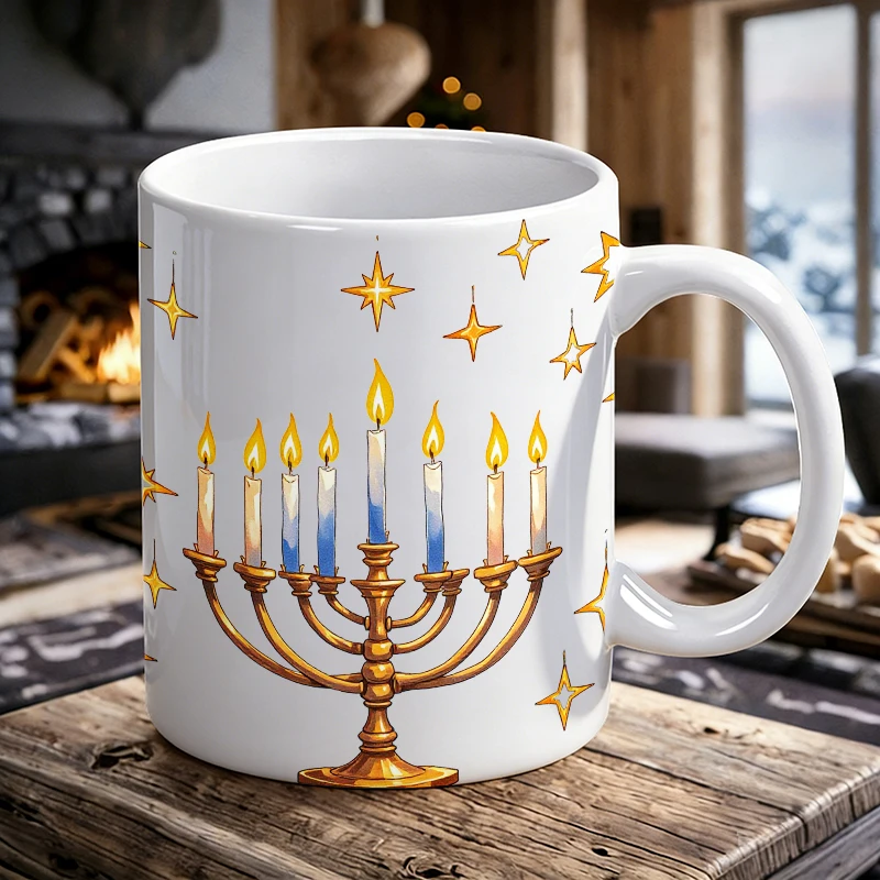 

Fashion Mug Coffee Cup Celestial Splendor A Majestic Menorah with Sparkling Stars