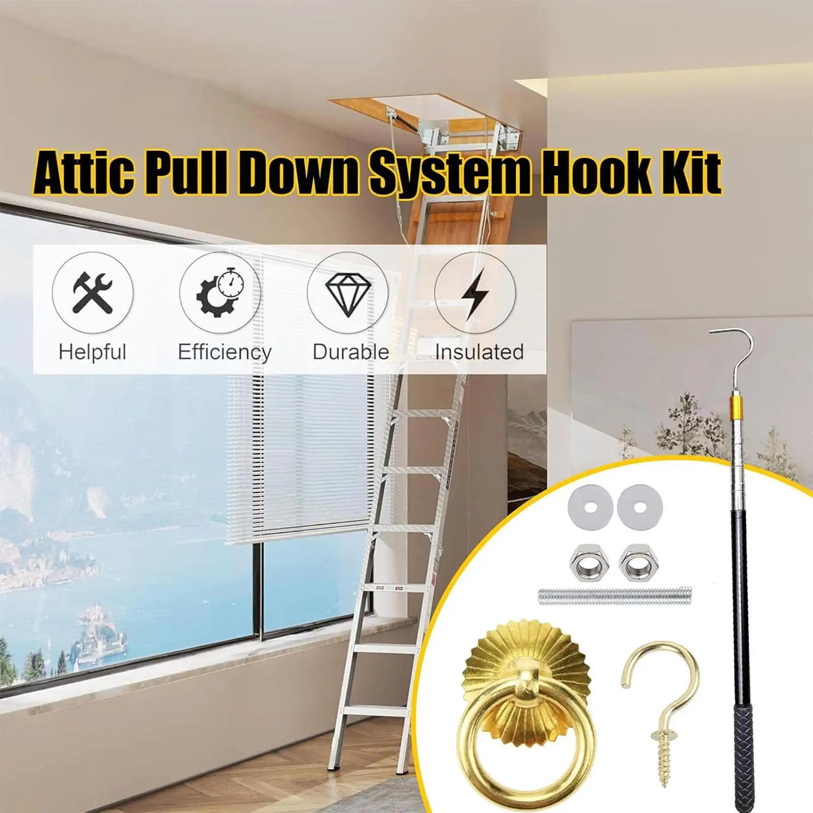 Ladder Pull Down System Kit Extension Rod Reach Rod Tool High Storage Hook Loft