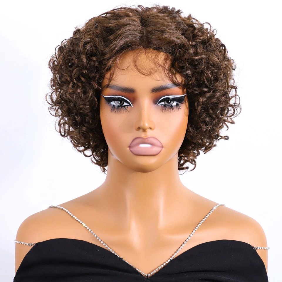 

Sleek Brown P4/33 Short Pixie Cut Brazilian Water Curly Bob Wigs Middle Part Lace 100% Human Hair Wigs For Black Women Remy Hair